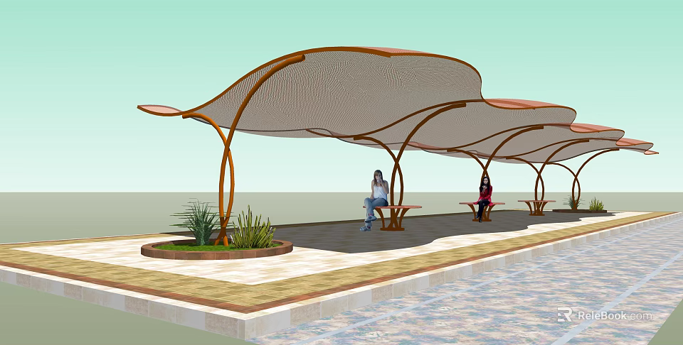 Outdoor Rest Area With Curved Canopy Benches Plants And Paved Ground 3d model 