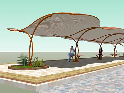 Outdoor Rest Area With Curved Canopy Benches Plants And Paved Ground 3d model