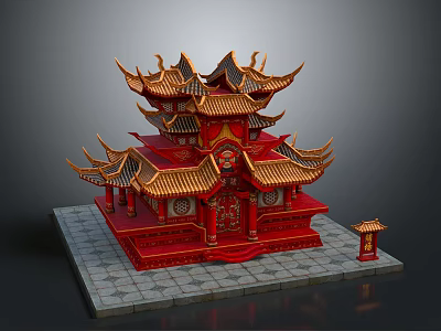 Cartoon Style Traditional Chinese Architecture Scene With Red Gold Multi tiered Roofs And Small Pavilion 3d model