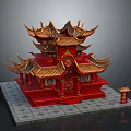 Cartoon Style Traditional Chinese Architecture Scene With Red Gold Multi tiered Roofs And Small Pavilion