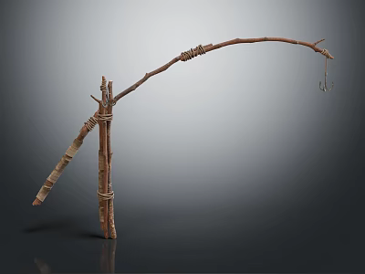 Handmade Wooden Tool With Rope Bound Tripod Structure And Hanging Hook Design 3d model
