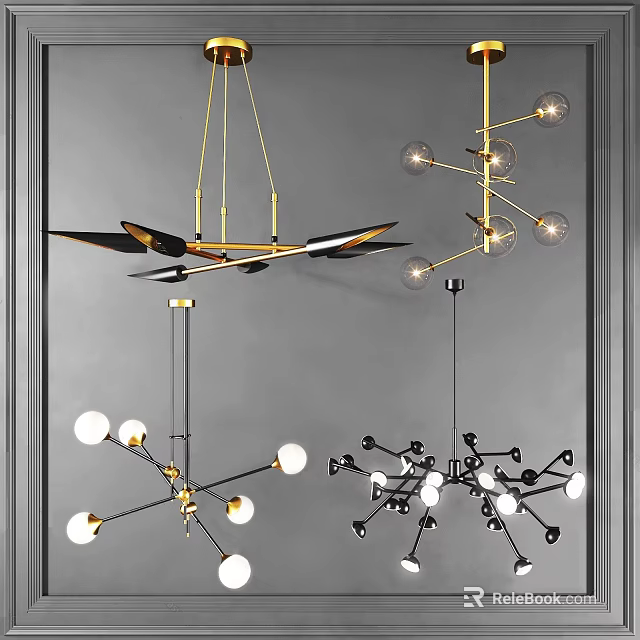 Modern Geometric Chandeliers Featuring Gold Black Frames And Spherical Light Bulbs 3d model