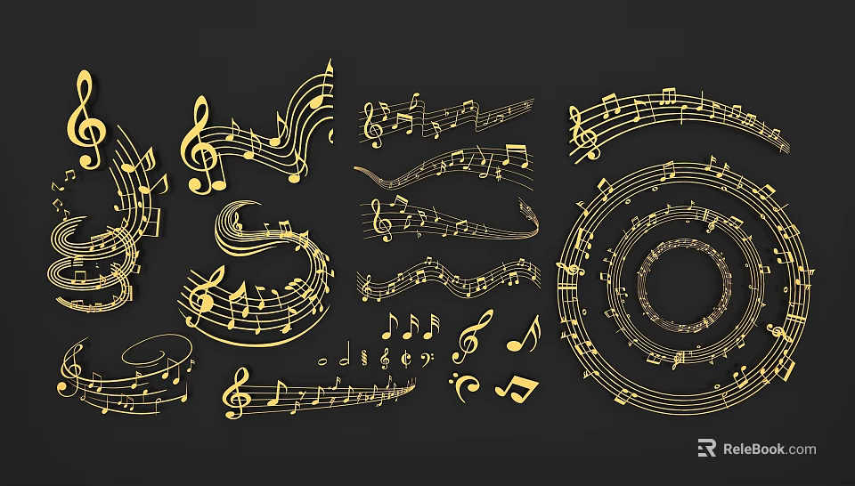 Decorative Gold Music Notes Wall Decor On Black Background Artistic Design 3d model 