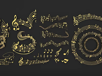 Decorative Gold Music Notes Wall Decor On Black Background Artistic Design 3d model