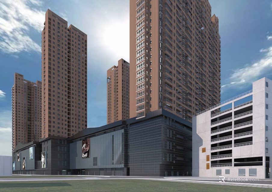Modern Commercial Complex With High Rise Buildings Glass Facade And Parking Structure 3d model 