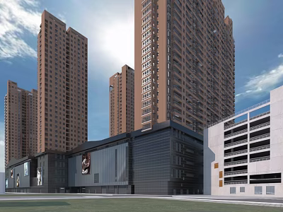 Modern Commercial Complex With High Rise Buildings Glass Facade And Parking Structure 3d model