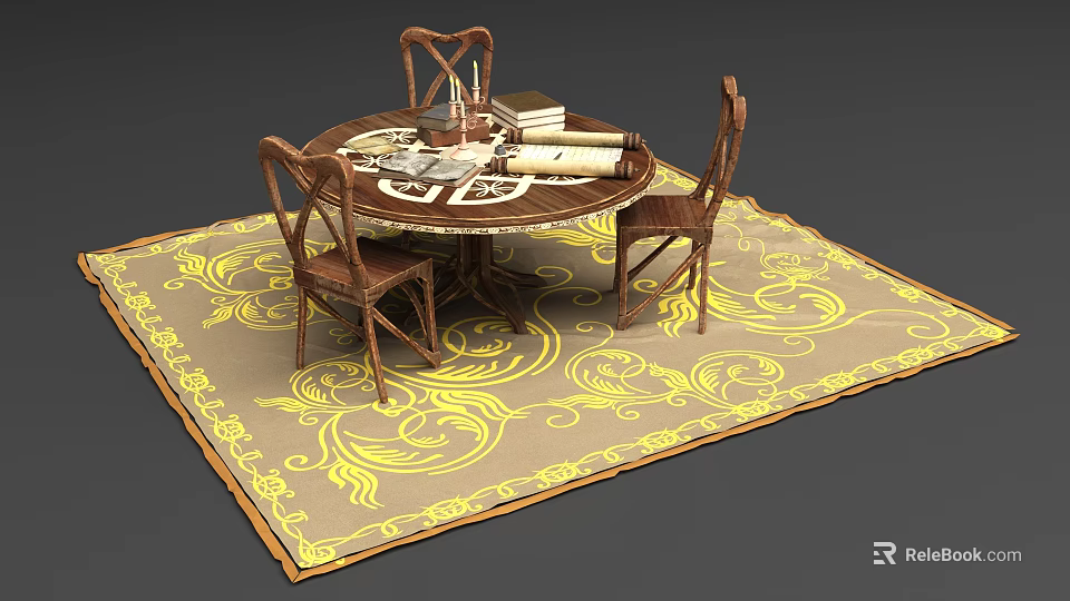 Round Office Desk with Three Wooden Chairs Books and Beige Rug with Intricate Yellow Patterns 3d model 