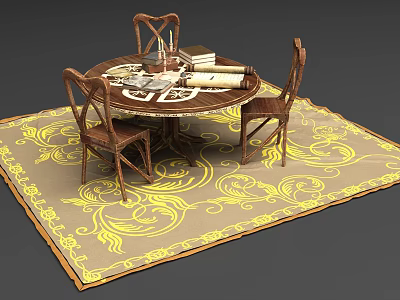 Round Office Desk with Three Wooden Chairs Books and Beige Rug with Intricate Yellow Patterns 3d model