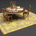 Round Office Desk with Three Wooden Chairs Books and Beige Rug with Intricate Yellow Patterns