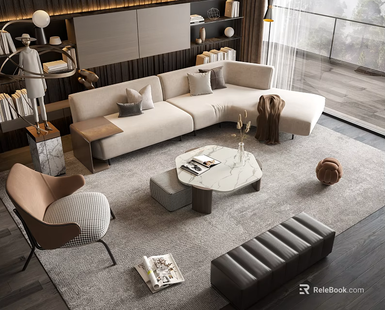 Modern Light Gray L Shaped Sofa and Marble Coffee Table Set with Elegant Living Room Decor 3d model 