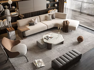 Modern Light Gray L Shaped Sofa and Marble Coffee Table Set with Elegant Living Room Decor 3d model