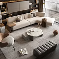 Modern Light Gray L Shaped Sofa and Marble Coffee Table Set with Elegant Living Room Decor