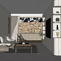 Modern Living Room Interior With Stone Wall Sofa Coffee Table TV And Decorative Shelves