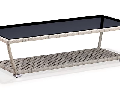 Modern Minimalist Coffee Table With Black Glass Top And Metal Frame And Woven Lower Shelf 3d model