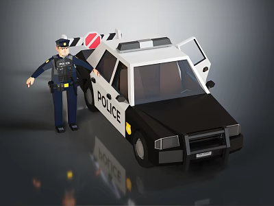 Cartoon Police Officer In Uniform Next To Black And White Police Car With Open Door 3d model