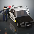 Cartoon Police Officer In Uniform Next To Black And White Police Car With Open Door