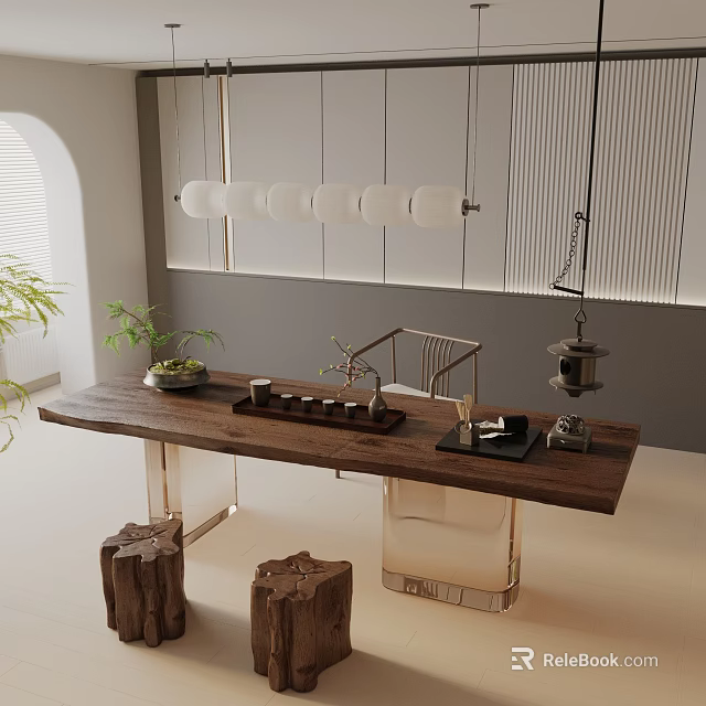 Wooden Dining Table Set With Metal Legs Tree Stump Stools And Modern Pendant Light 3d model 