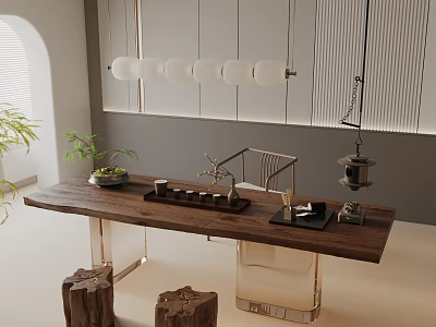 Wooden Dining Table Set With Metal Legs Tree Stump Stools And Modern Pendant Light 3d model