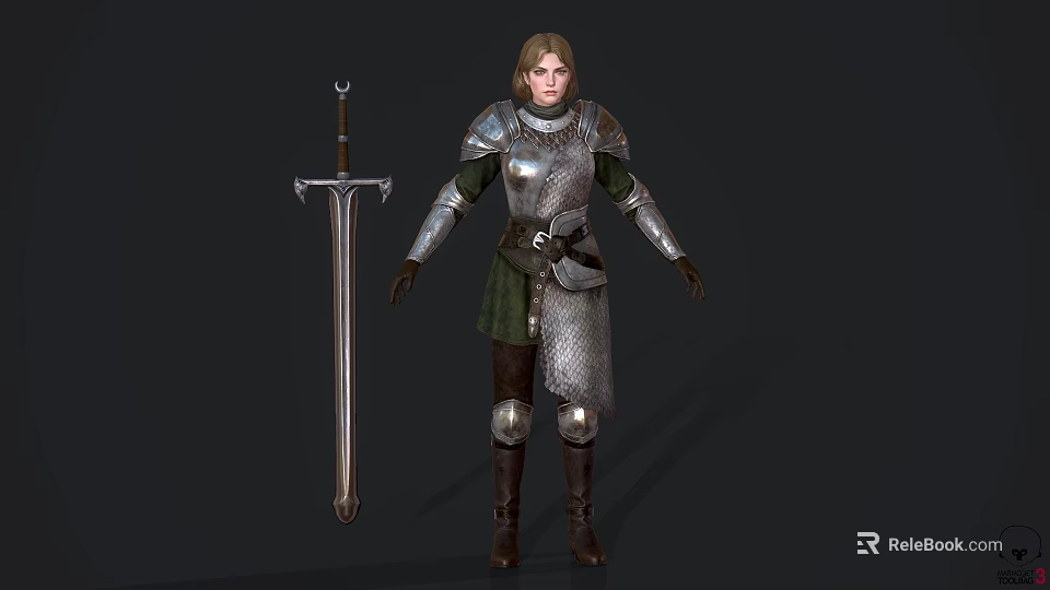 Game and Movie Character Wearing Medieval Silver Armor Green Undergarment Brown Boots With Long Sword 3d model 
