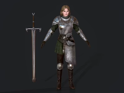 Game and Movie Character Wearing Medieval Silver Armor Green Undergarment Brown Boots With Long Sword 3d model