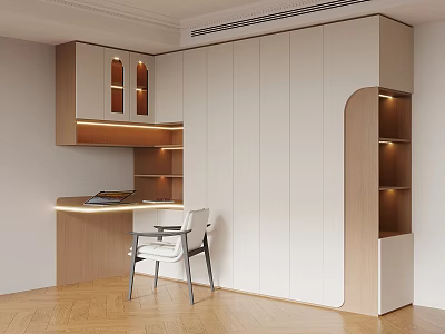Modern Wardrobe With Light Wood Finish Integrated Study Desk And Illuminated Shelves 3d model