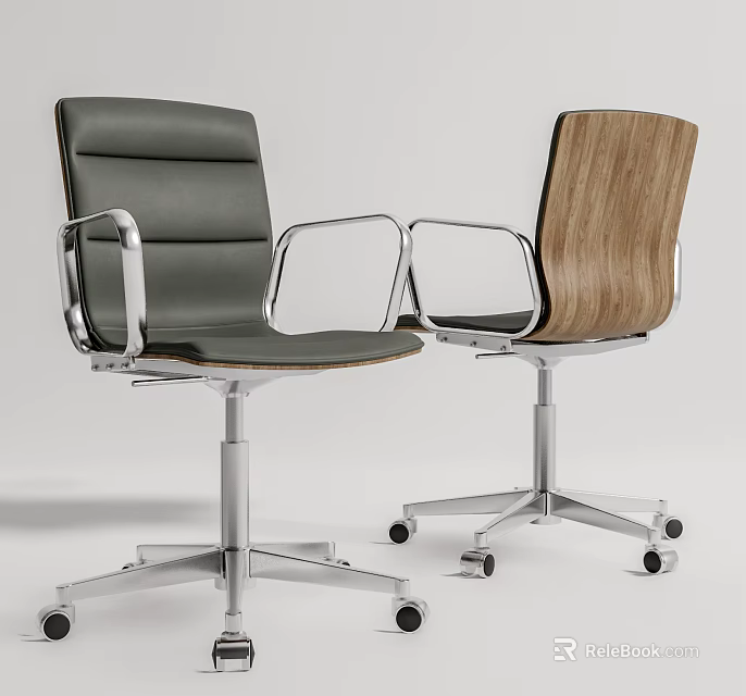 Two Modern Office Chairs With Gray Leather And Wooden Backrest Metal Frame Swivel Casters 3d model 