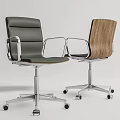 Two Modern Office Chairs With Gray Leather And Wooden Backrest Metal Frame Swivel Casters