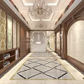 Luxurious Hallway Interior With Chandelier Floral Wallpaper Beige Sofa Marble Walls And Geometric Carpet