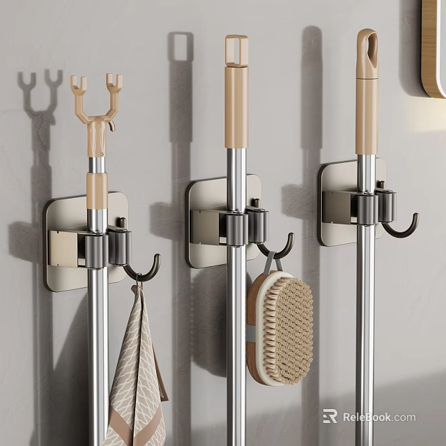 Modern Design Metal Wall Mounted Hooks with Hanging Towel and Brush Accessories 3d model 