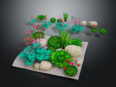 Various Garden Plants Including Succulents Red Flowers And Green Shrubs With Stones On White Base 3d model