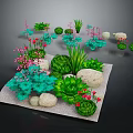 Various Garden Plants Including Succulents Red Flowers And Green Shrubs With Stones On White Base