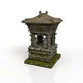 Traditional Stone Pavilion with Tiled Roof and Moss Covered Base in Classic Design