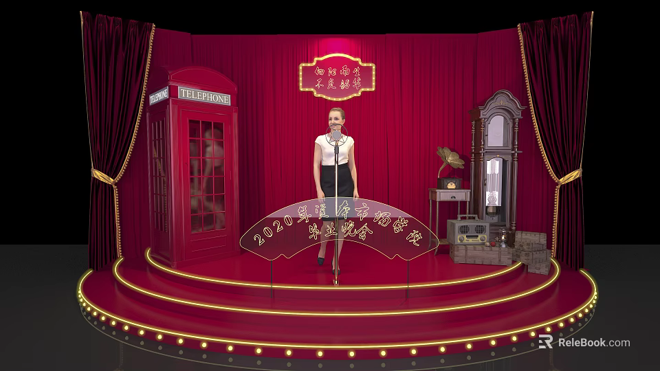 Red Stage Setup With Vintage Telephone Booth Female Performer Microphone And Decorative Lights 3d model 