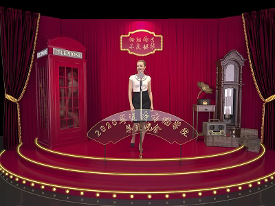 Red Stage Setup With Vintage Telephone Booth Female Performer Microphone And Decorative Lights 3d model