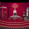 Red Stage Setup With Vintage Telephone Booth Female Performer Microphone And Decorative Lights