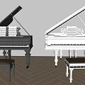 Black And White Grand Pianos With Stools And Sheet Music On Wooden Floor