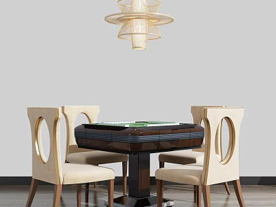 Modern Entertainment Table With Four Beige Chairs Mahjong Tiles And Hanging Lamp 3d model
