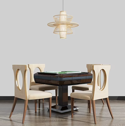 Modern Entertainment Table With Four Beige Chairs Mahjong Tiles And Hanging Lamp 3d model