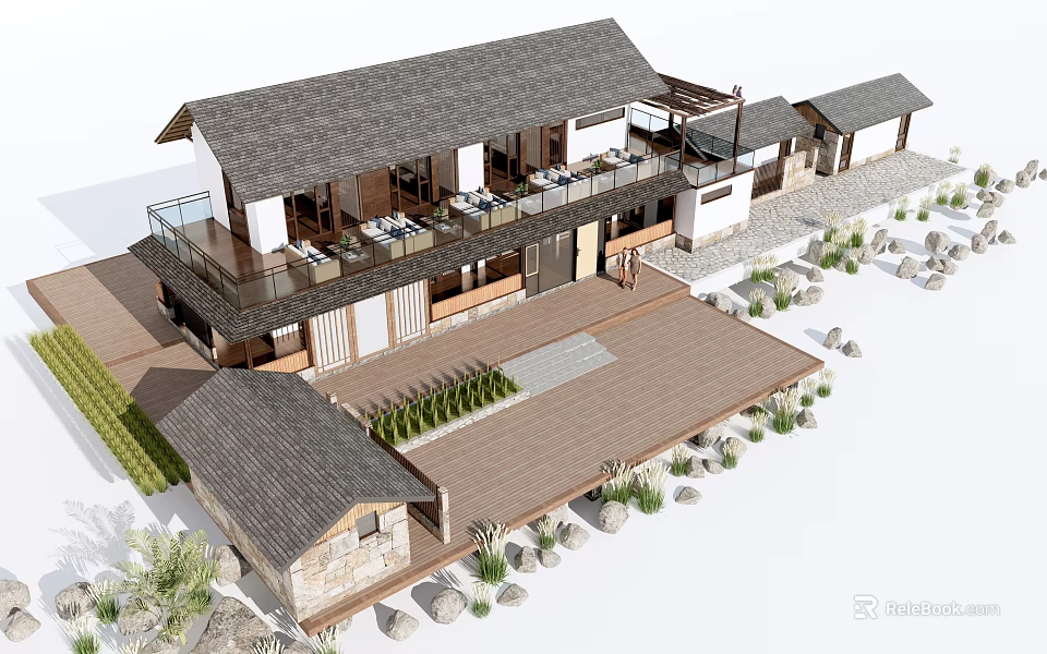 Traditional Ancient Building With Tile Roof Courtyard Stone Path And Green Plants 3d model 