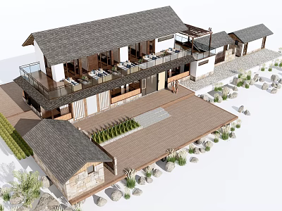 Traditional Ancient Building With Tile Roof Courtyard Stone Path And Green Plants 3d model