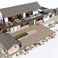 Traditional Ancient Building With Tile Roof Courtyard Stone Path And Green Plants