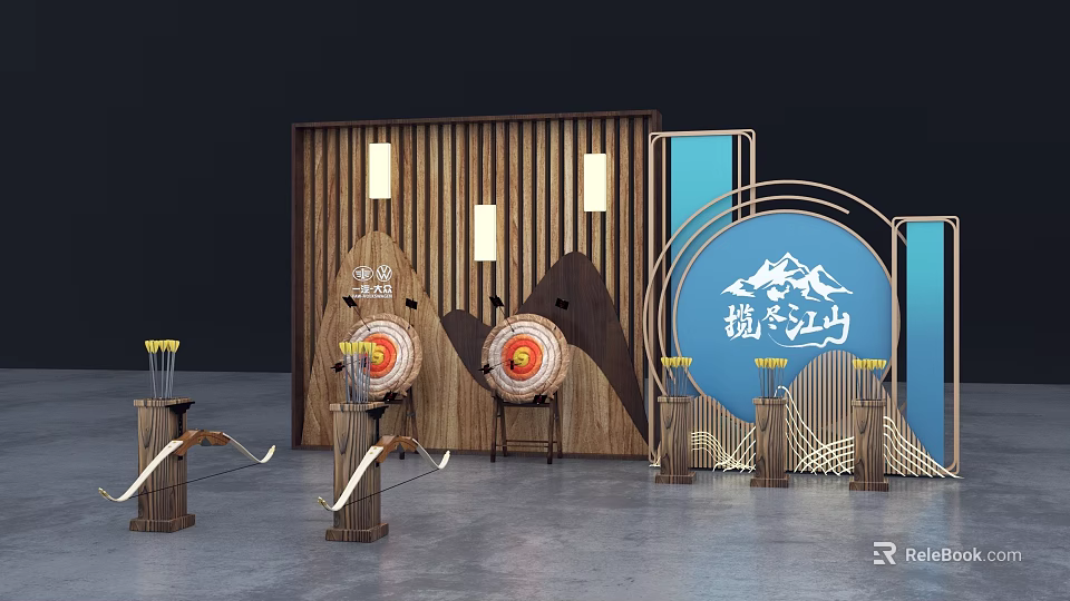 Archery Interactive Zone with Wooden Backdrop Target Boards Bows Arrows and Mountain Design Elements 3d model 