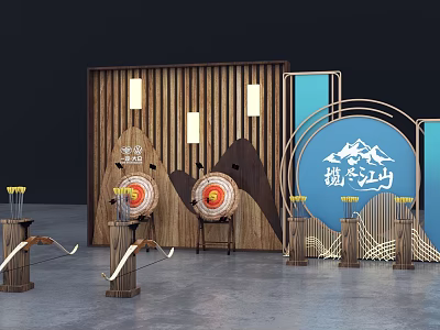 Archery Interactive Zone with Wooden Backdrop Target Boards Bows Arrows and Mountain Design Elements 3d model