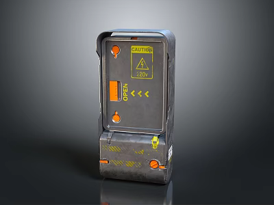 Futuristic Sci-Fi Control Panel Device With Warning Sign Orange Accents And Worn Metallic Surface 3d model