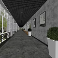 Elevator Corridor With Large Windows Trees Outside Framed Artworks And White Planters 3d model