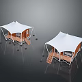 Camping Tents Featuring Wooden Platforms Stairs Support Poles And White Canopies