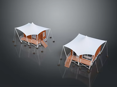 Camping Tents Featuring Wooden Platforms Stairs Support Poles And White Canopies 3d model