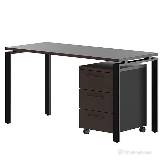 Modern Office Desk With Dark Top Black Legs And Three Drawer Cabinet With Wheels 3d model 