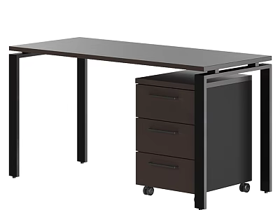 Modern Office Desk With Dark Top Black Legs And Three Drawer Cabinet With Wheels 3d model