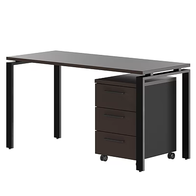 Modern Office Desk With Dark Top Black Legs And Three Drawer Cabinet With Wheels 3d model